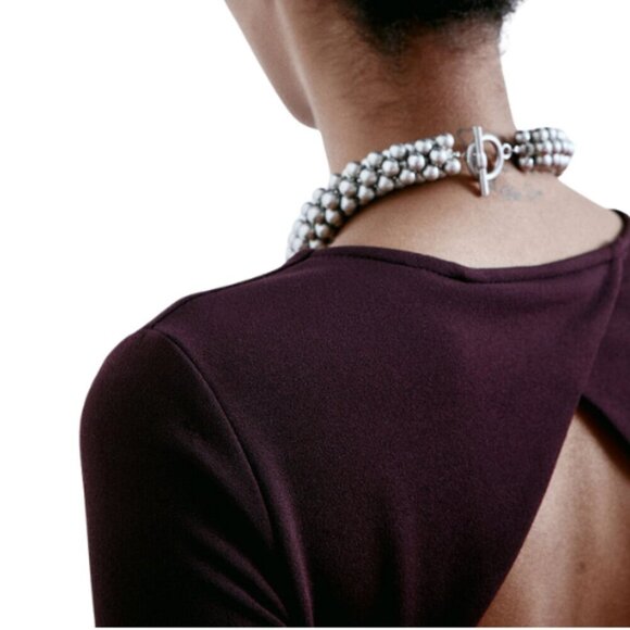 H&M Burgundy Cut-out Soft Jersey Round Neck Mini Dress Partly Lined Sz Large - Picture 2 of 10